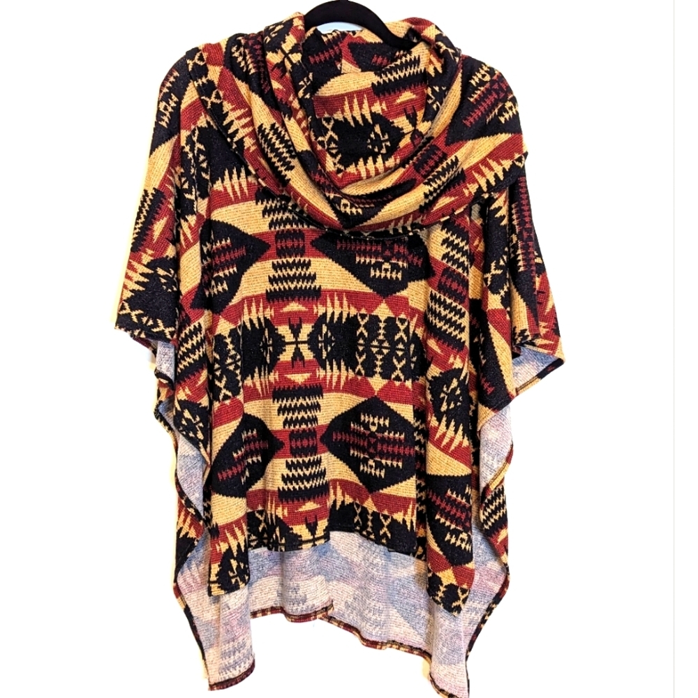 Tan Black Red Cowl-neck Poncho